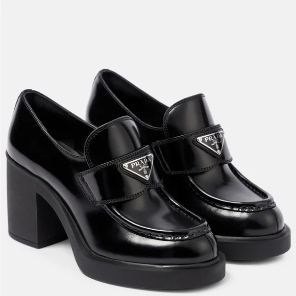 Prada Women's Chocolate Brushed Leather Heeled loafers size 36.5 - Picture 1 of 16